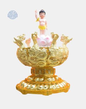 Chậu tắm Phật Đản Sanh cửu long dát vàng kèm tượng composite