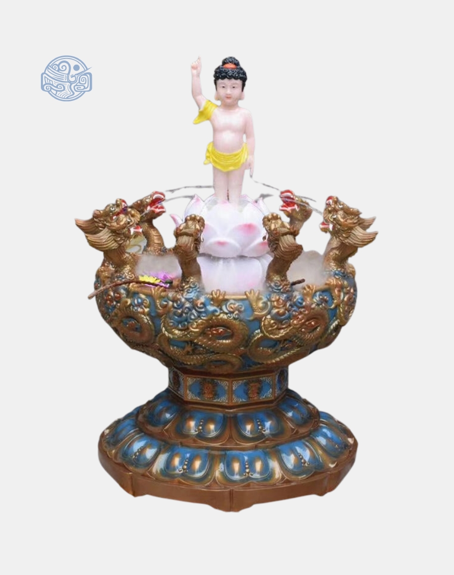 Chậu tắm Phật Đản Sanh cửu long dát vàng kèm tượng composite - Ảnh 5