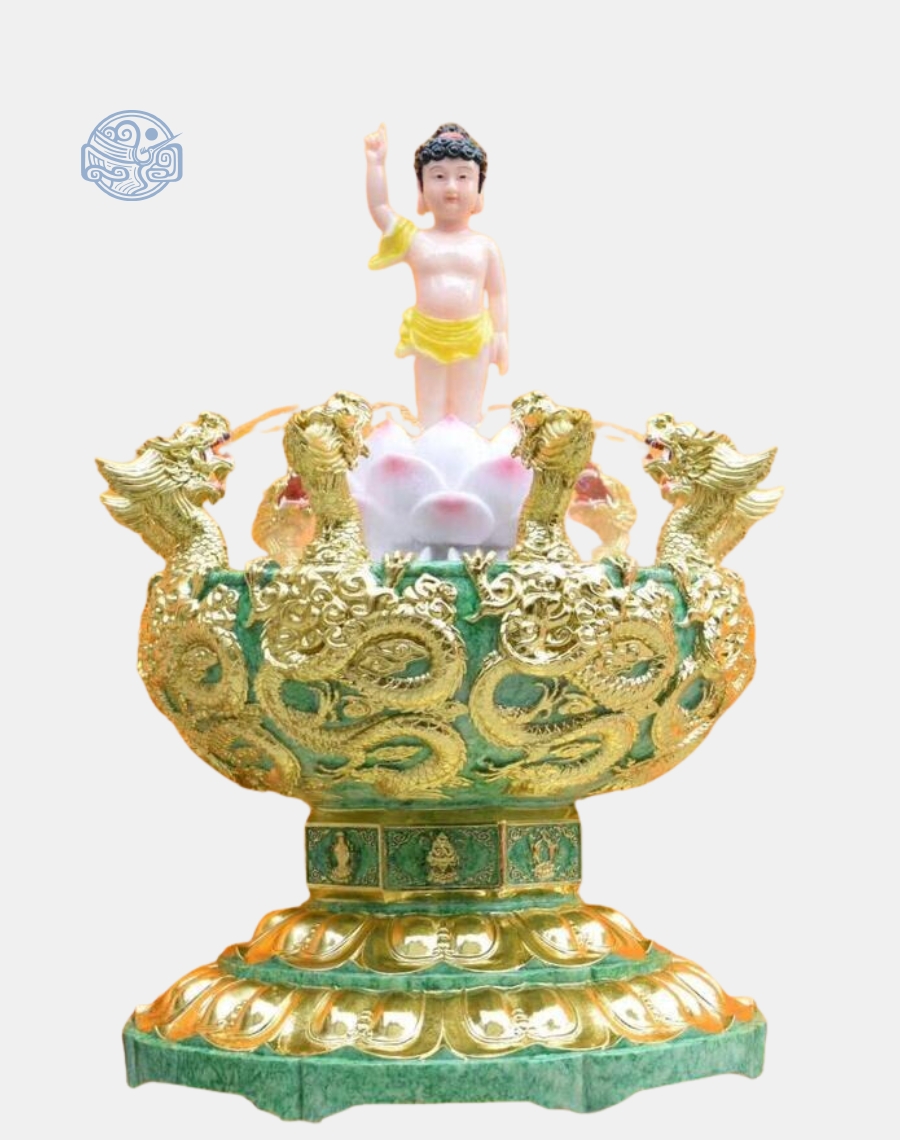 Chậu tắm Phật Đản Sanh cửu long dát vàng kèm tượng composite - Ảnh 4