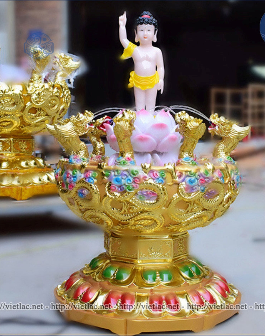 Chậu tắm Phật Đản Sanh cửu long dát vàng kèm tượng composite - Ảnh 3