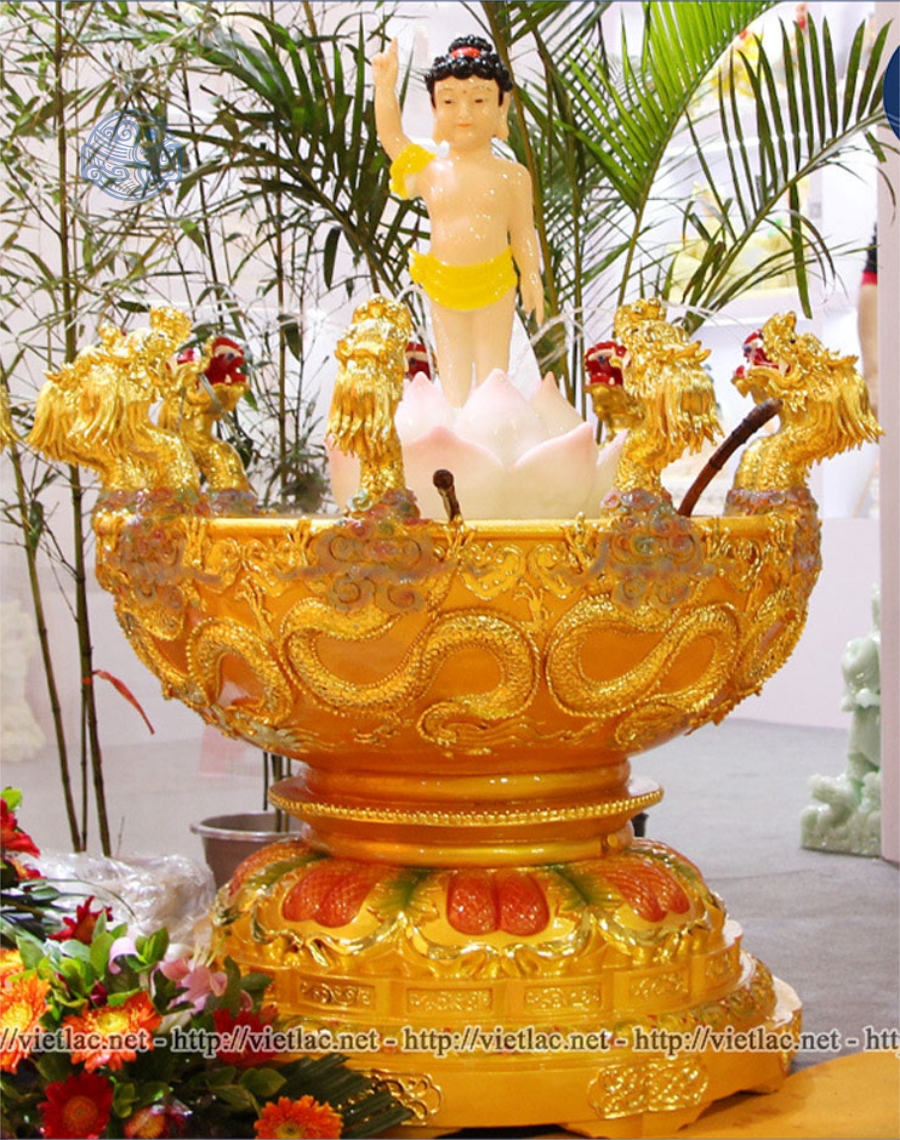 Chậu tắm Phật Đản Sanh cửu long dát vàng kèm tượng composite - Ảnh 2