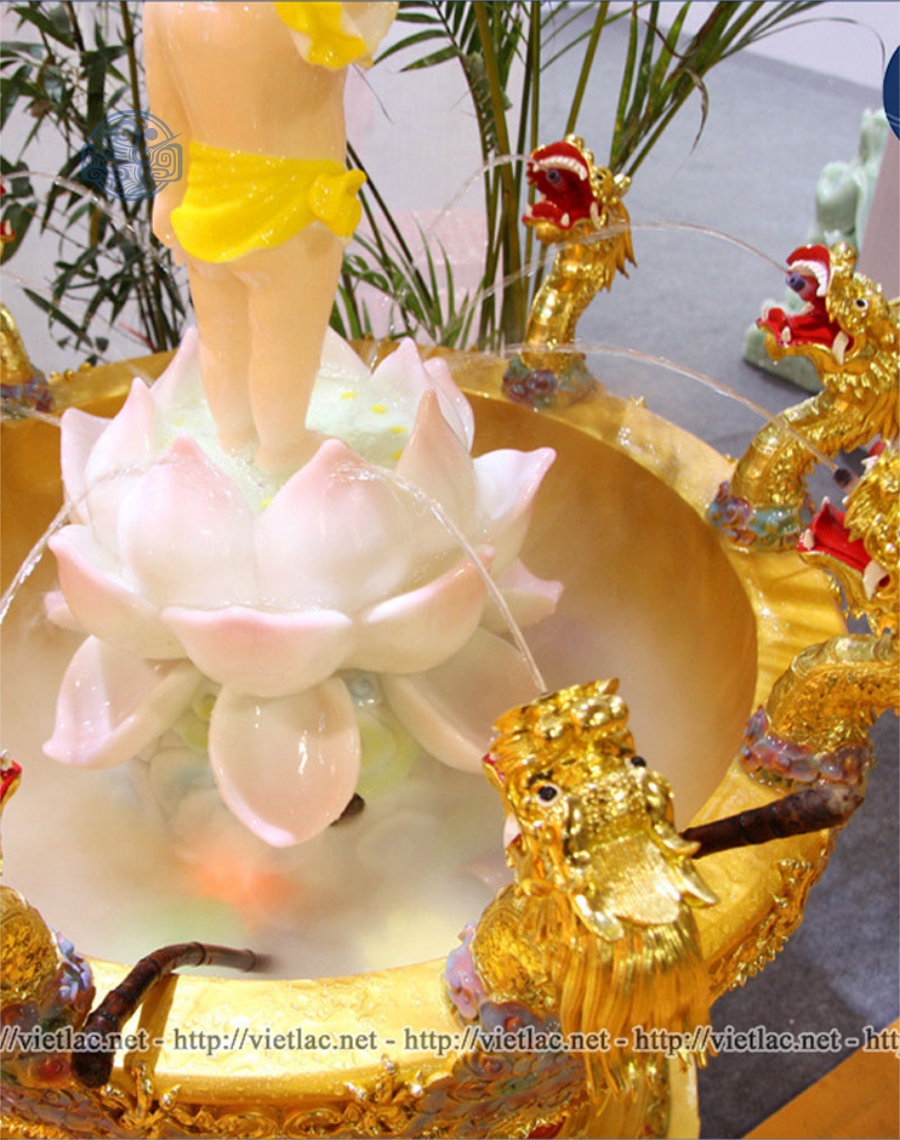 Chậu tắm Phật Đản Sanh cửu long dát vàng kèm tượng composite - Ảnh 6