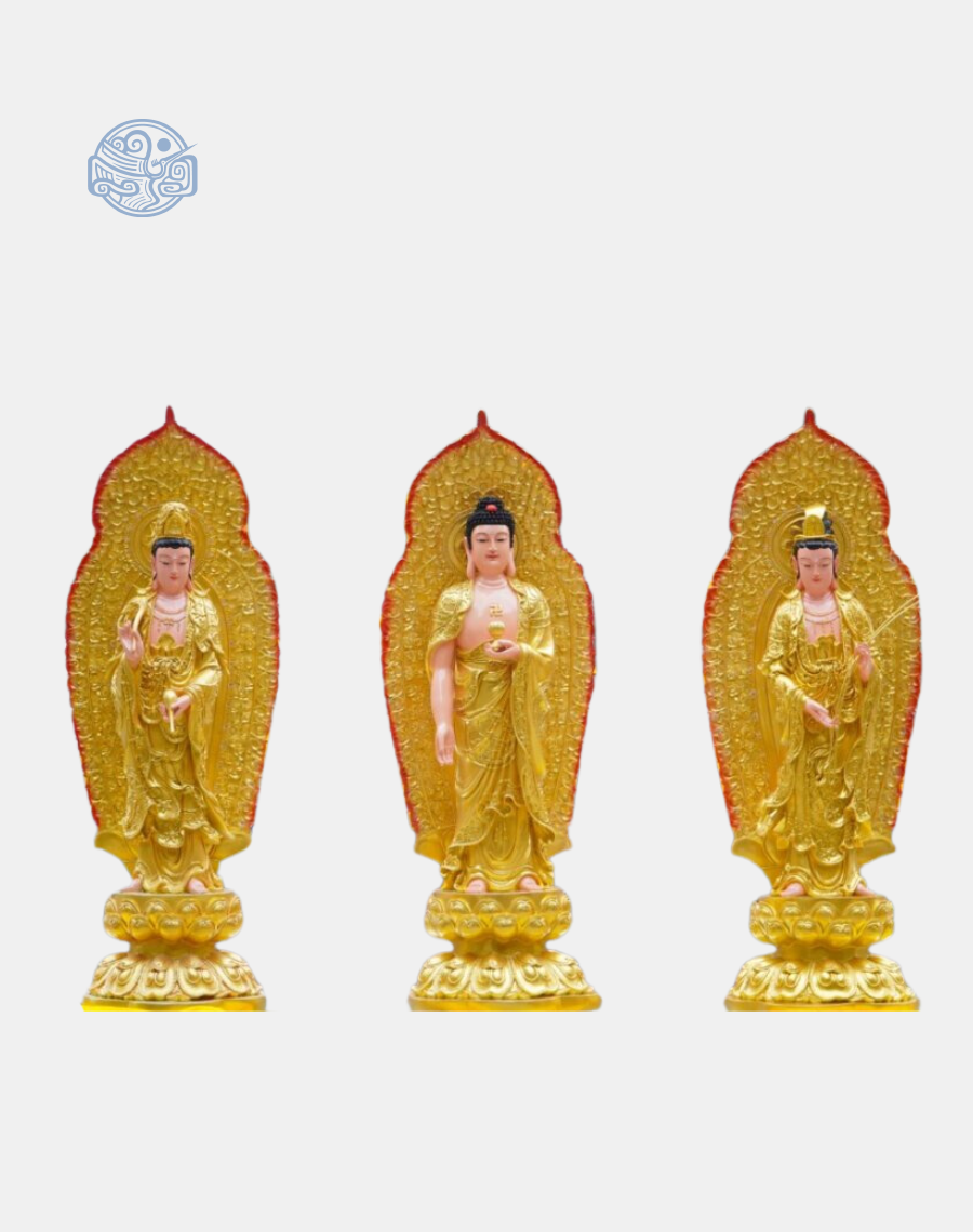 Bộ tượng Tây Phương Tam Thánh Đứng bằng composite, cao 110cm, nhũ vàng, có lá đề và đèn led