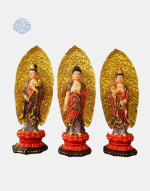 Bộ Tượng Tây Phương Tam Thánh Đứng Bằng Composite, Vẽ Màu (Có lá đề và đèn led)