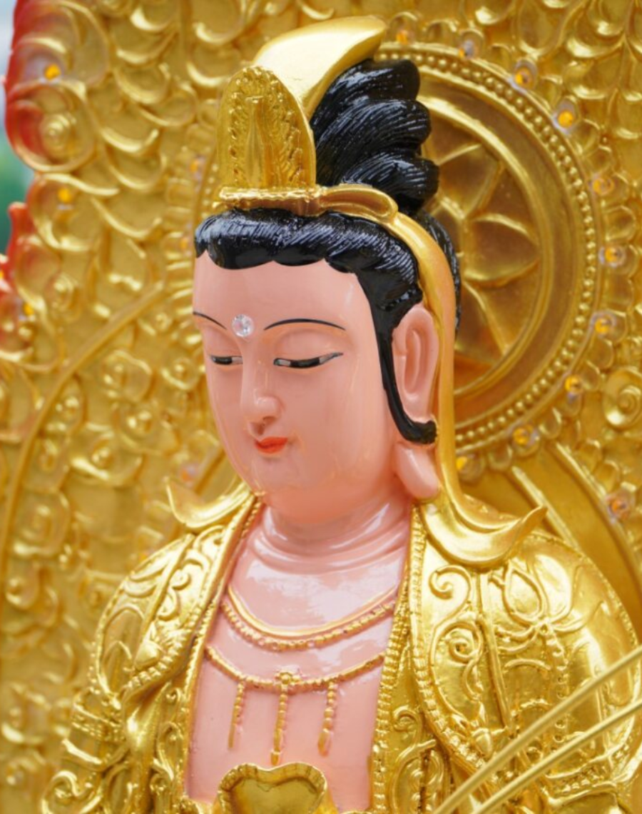 Bộ tượng Tây Phương Tam Thánh Đứng bằng composite, cao 110cm, nhũ vàng, có lá đề và đèn led - Ảnh 2