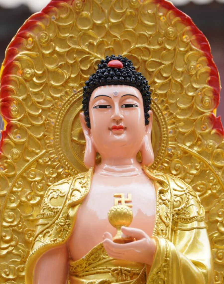 Bộ tượng Tây Phương Tam Thánh Đứng bằng composite, cao 110cm, nhũ vàng, có lá đề và đèn led - Ảnh 4