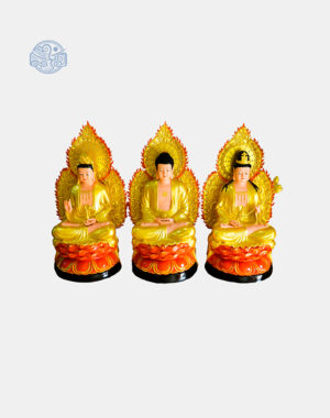 Tượng Tam Thánh ngồi nhũ vàng 80cm composite (có lá đề + đèn)