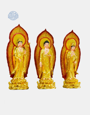 Bộ tượng Tây Phương Tam Thánh Đứng bằng composite, cao 120cm, dát vàng (có lá đề kèm đèn led)